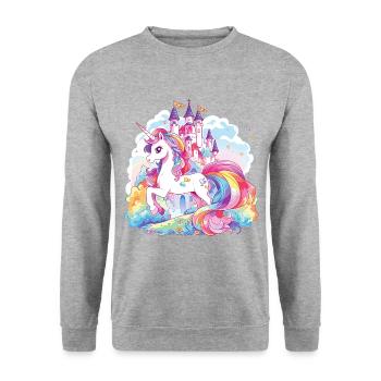 Einhorn Regenbogen Schloss Bunt Magie Fantasie - Unisex Pullover - Weißgrau meliert - Vorne - Alina (178cm) & Michal (187cm)