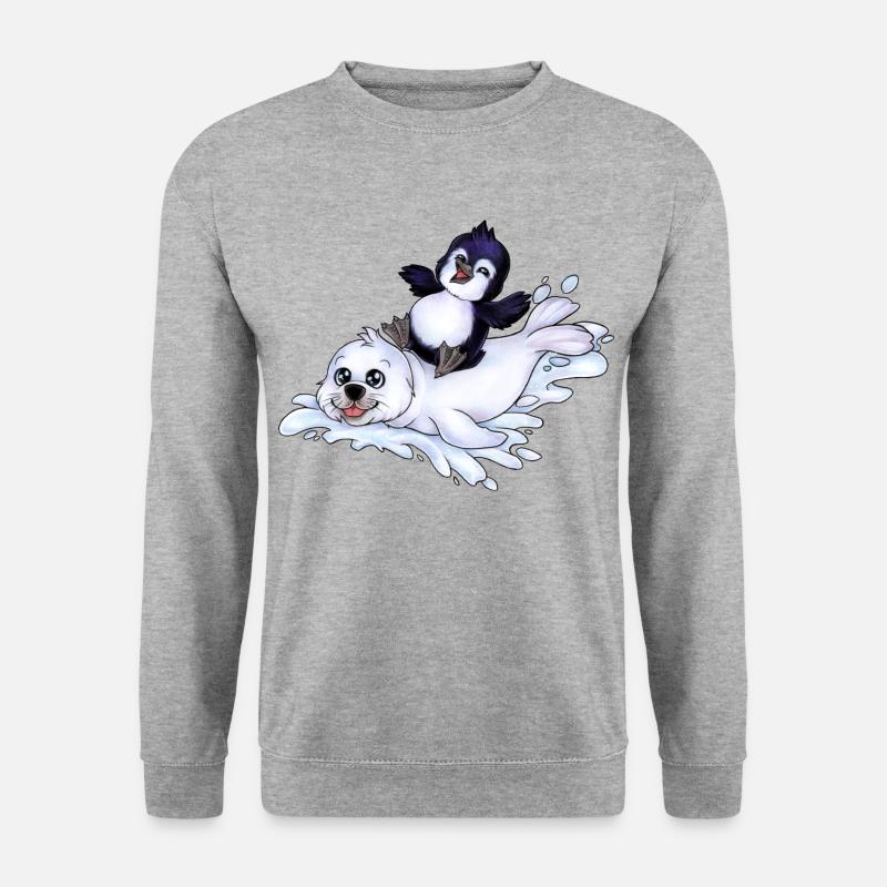 Niedlicher Chibi Pinguin auf Robbe Schlitten - Unisex Pullover - Weißgrau meliert