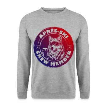 Wolf Apres Ski Team Spruch Bunt - Unisex Pullover - Weißgrau meliert - Vorne - Alina (178cm) & Michal (187cm)