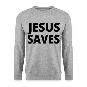 Jesus saves Geschenk Happy - Unisex Pullover - Weißgrau meliert - Vorne - Alina (178cm) & Michal (187cm)