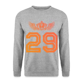 29 Zahl Krone - Unisex Pullover - Weißgrau meliert - Vorne - Alina (178cm) & Michal (187cm)
