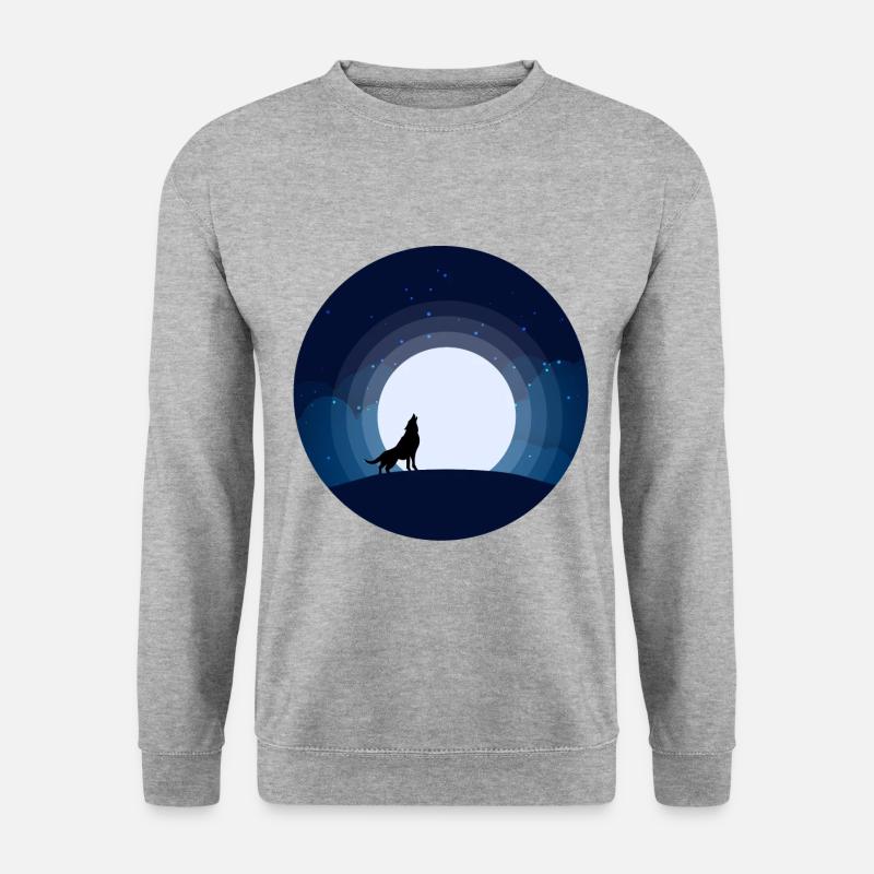 Mond Wolf Nachthimmel Berg heult heulen Vollmond - Unisex Pullover - Weißgrau meliert