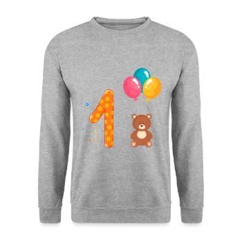 Premier ours en peluche joyeux anniversaire avec des ballons à air chaud - Sweat-shirt Unisexe - gris chiné - Devant - Alina (178cm) & Michal (187cm)