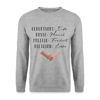 Statement gegen Rassismus | Gleichheit | Menschen - Unisex Pullover - Weißgrau meliert - Vorne - Alina (178cm) & Michal (187cm)