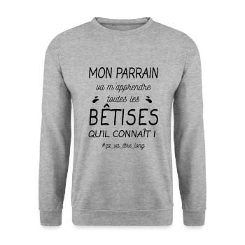 MON PARRAIN VA M'APPRENDRE TOUTES LES BÊTISES - Sweat-shirt Unisexe - gris chiné - Devant - Alina (178cm) & Michal (187cm)