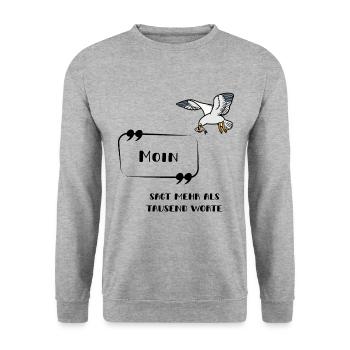 Moin sagt mehr als tausend Worte Möwe norddeutsch - Unisex Pullover - Weißgrau meliert - Vorne - Alina (178cm) & Michal (187cm)
