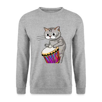 Katze, die den Djembe spielt Trommler Musik Schlagzeuger Musiker - Unisex Pullover - Weißgrau meliert - Vorne - Alina (178cm) & Michal (187cm)