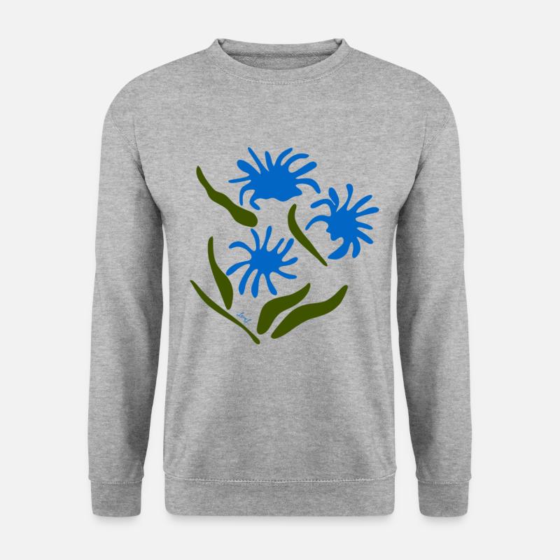 Blaue Blumen, von Matisse inspiriert - Unisex Pullover - Weißgrau meliert