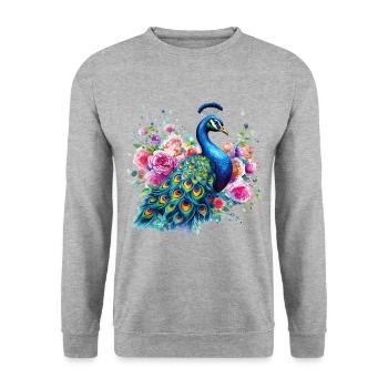Pfau Blumen Pfauenfeder Exotisch Farbenfroh Bunt - Unisex Pullover - Weißgrau meliert - Vorne - Alina (178cm) & Michal (187cm)