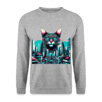 CAT Colourful, cat Looking Over A City - Unisex Pullover - Weißgrau meliert - Vorne - Alina (178cm) & Michal (187cm)