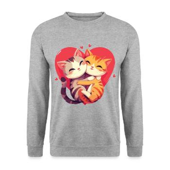 Katzen Liebe Umarmung Kuscheln Herz Süß Niedlich - Unisex Pullover - Weißgrau meliert - Vorne - Alina (178cm) & Michal (187cm)