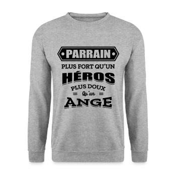 PARRAIN PLUS FORT QU'UN HEROS PLUS DOUX QU'UN ANGE - Sweat-shirt Unisexe - gris chiné - Devant - Alina (178cm) & Michal (187cm)