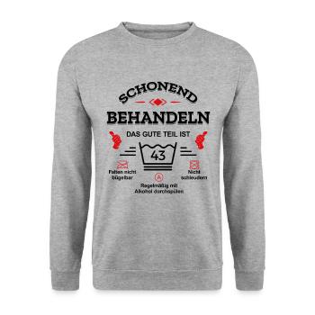 HANDLE MIT SORGFALT – 43 JAHRE PERFEKTION - Unisex Pullover - Weißgrau meliert - Vorne - Alina (178cm) & Michal (187cm)