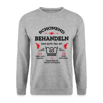 HANDLE MIT SORGFALT – 83 JAHRE PERFEKTION - Unisex Pullover - Weißgrau meliert - Vorne - Alina (178cm) & Michal (187cm)