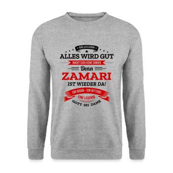 ALLES WIRD GUT, DIE LEGENDE ZAMARI IST DA - Unisex Pullover - Weißgrau meliert - Vorne - Alina (178cm) & Michal (187cm)