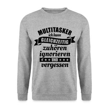 Multitasker - zuhören und ignorieren - Spruch - Unisex Pullover - Weißgrau meliert - Vorne - Alina (178cm) & Michal (187cm)