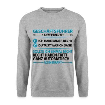 Geschäftsführer Lustig Sprüche mit witzigen Spruch - Unisex Pullover - Weißgrau meliert - Vorne - Alina (178cm) & Michal (187cm)