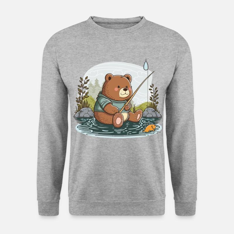 Fischender Bär - Unisex Pullover - Weißgrau meliert