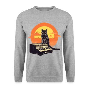 Cat Synthesizer Katze Retro Vintage Studio Gear - Unisex Pullover - Weißgrau meliert - Vorne - Alina (178cm) & Michal (187cm)