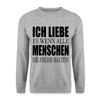 Ich liebe Menschen Fresse halten Halt s - Unisex Pullover - Weißgrau meliert - Vorne - Alina (178cm) & Michal (187cm)