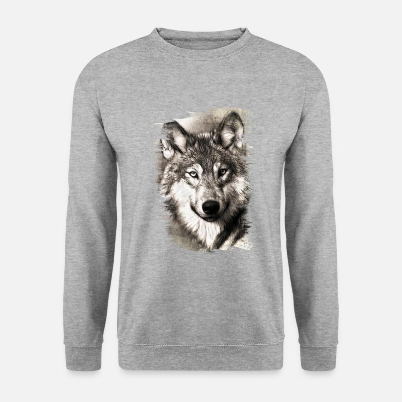 Wolf | Vintage | schwarz weiß | Geschenkidee - Unisex Pullover - Weißgrau meliert