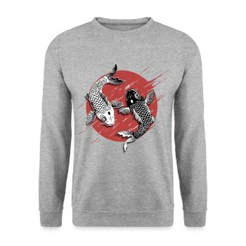 Yin- und Yang-Koi - Unisex Pullover - Weißgrau meliert - Vorne - Alina (178cm) & Michal (187cm)