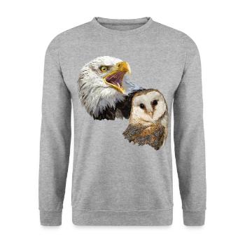 Schleiereule und amerikanischer Pigago - Unisex Pullover - Weißgrau meliert - Vorne - Alina (178cm) & Michal (187cm)