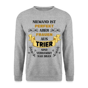 Trier Deutschland Stadt Heimat Liebe Frauen Spruch - Unisex Pullover - Weißgrau meliert - Vorne - Alina (178cm) & Michal (187cm)