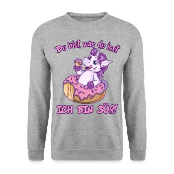 Du bist, was du isst - ich bin süß! Lustig Einhorn - Unisex Pullover - Weißgrau meliert - Vorne - Alina (178cm) & Michal (187cm)