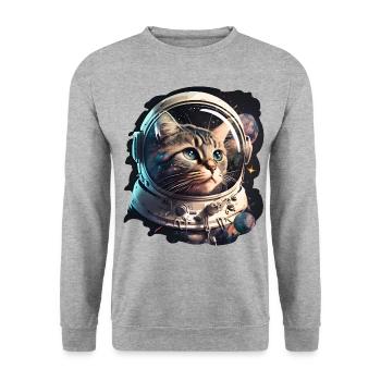 Katze im Weltall süßes Kätzchen Astronaut - Unisex Pullover - Weißgrau meliert - Vorne - Alina (178cm) & Michal (187cm)