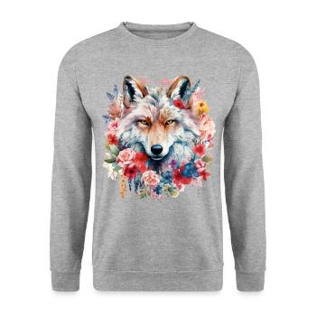 Wolf Wolfskopf Blumen Natur Wildnis Aquarell Kunst - Unisex Pullover - Weißgrau meliert - Vorne - Alina (178cm) & Michal (187cm)