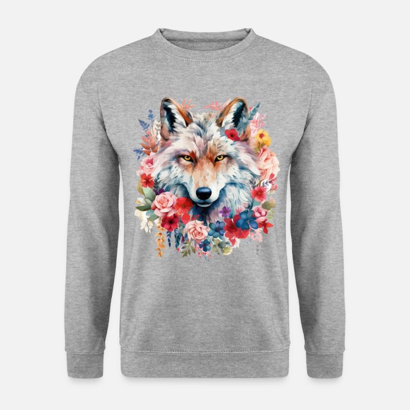 Wolf Wolfskopf Blumen Natur Wildnis Aquarell Kunst - Unisex Pullover - Weißgrau meliert