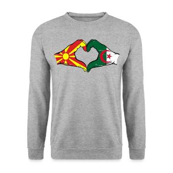 Mazedonien Algerien Flagge Hände Herzform used - Unisex Pullover - Weißgrau meliert - Vorne - Alina (178cm) & Michal (187cm)