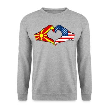 Mazedonien USA Flagge Hände Herzform used - Unisex Pullover - Weißgrau meliert - Vorne - Alina (178cm) & Michal (187cm)