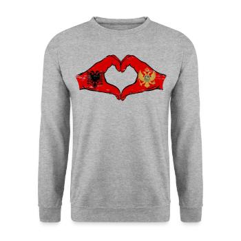 Albanie Monténégro drapeau mains forme de coeur utilisé - Sweat-shirt Unisexe - gris chiné - Devant - Alina (178cm) & Michal (187cm)