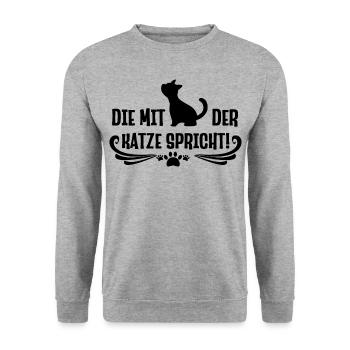 Die mit der Katze spricht lustige Katzen Sprüche - Unisex Pullover - Weißgrau meliert - Vorne - Alina (178cm) & Michal (187cm)