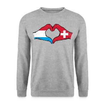 Luxembourg Suisse Drapeau Mains Coeur Forme Utilisé - Sweat-shirt Unisexe - gris chiné - Devant - Alina (178cm) & Michal (187cm)