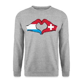 Luxembourg Suisse Drapeau Mains Coeur - Sweat-shirt Unisexe - gris chiné - Devant - Alina (178cm) & Michal (187cm)