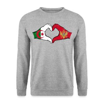 Algerien Montanegro Flagge Hände Herzform used - Unisex Pullover - Weißgrau meliert - Vorne - Alina (178cm) & Michal (187cm)