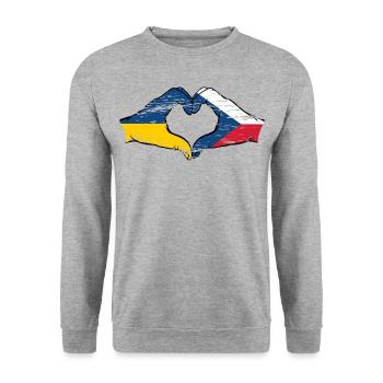 Ukraine Tschechien Flagge Hände Herzform used - Unisex Pullover - Weißgrau meliert - Vorne - Alina (178cm) & Michal (187cm)