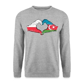 Polen Aserbaidschan Flagge Hände Herzform used - Unisex Pullover - Weißgrau meliert - Vorne - Alina (178cm) & Michal (187cm)