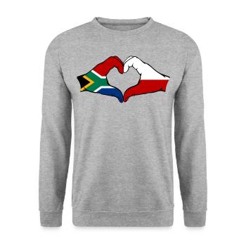 Südafrika Polen Flagge Hände Herzform - Unisex Pullover - Weißgrau meliert - Vorne - Alina (178cm) & Michal (187cm)