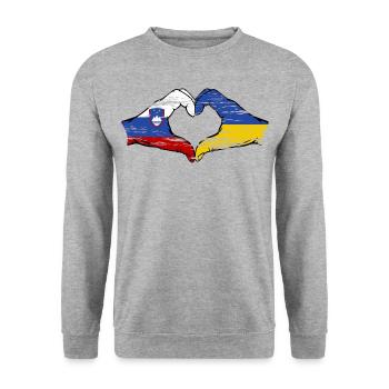 Slowenien Ukraine Flagge Hände Herzform used - Unisex Pullover - Weißgrau meliert - Vorne - Alina (178cm) & Michal (187cm)