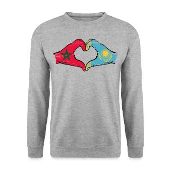Marokko Kasachstan Flagge Hände Herzform used - Unisex Pullover - Weißgrau meliert - Vorne - Alina (178cm) & Michal (187cm)