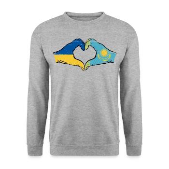 Ukraine Kasachstan Flagge Hände Herzform used - Unisex Pullover - Weißgrau meliert - Vorne - Alina (178cm) & Michal (187cm)