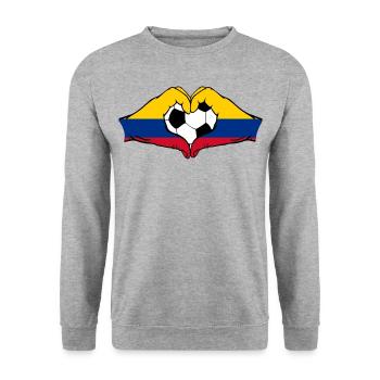 Kolumbien Flagge Fußball Hände Herzform - Unisex Pullover - Weißgrau meliert - Vorne - Alina (178cm) & Michal (187cm)