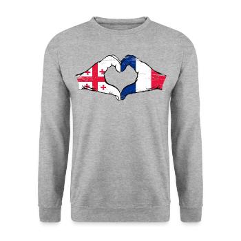 Georgien Frankreich Flagge Hände Herzform used - Unisex Pullover - Weißgrau meliert - Vorne - Alina (178cm) & Michal (187cm)
