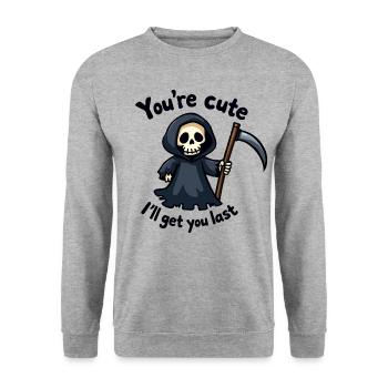 Süßer Sensenmann - Du bist süß - Unisex Pullover - Weißgrau meliert - Vorne - Alina (178cm) & Michal (187cm)