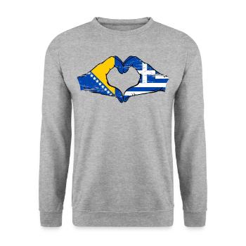 Bosnien Griechenland Flagge Hände Herzform used - Unisex Pullover - Weißgrau meliert - Vorne - Alina (178cm) & Michal (187cm)