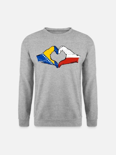 Bosnien Polen Flagge Hände Herzform used - Unisex Pullover - Weißgrau meliert
